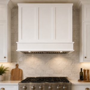 Brand New White Shaker Style Wood Range Hood Cover with Vent Insert from A&B Buildings