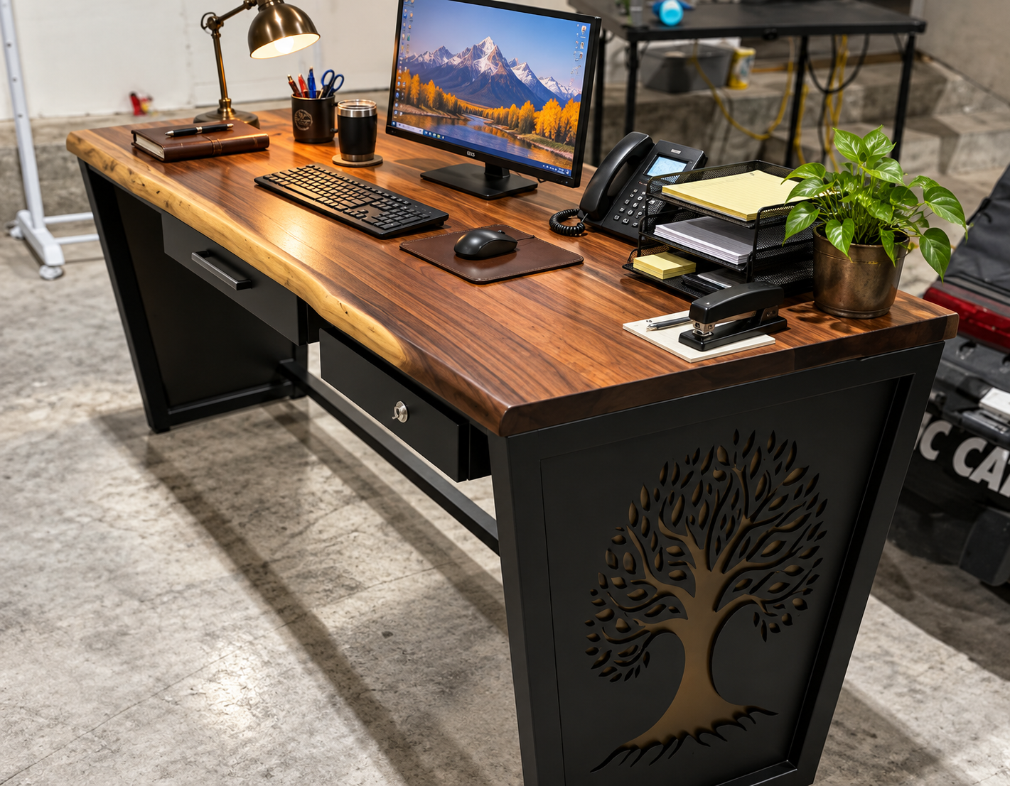 Wood Top Desk with Powder Coated Laser Cutout Ends