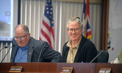Christi Haswell smiles after being elected as the Sheridan County Board of County Commissioners Chairman at the first board meeting of the year Tuesday, Jan. 6, 2026. Lonnie Wright, left, was the chairman.