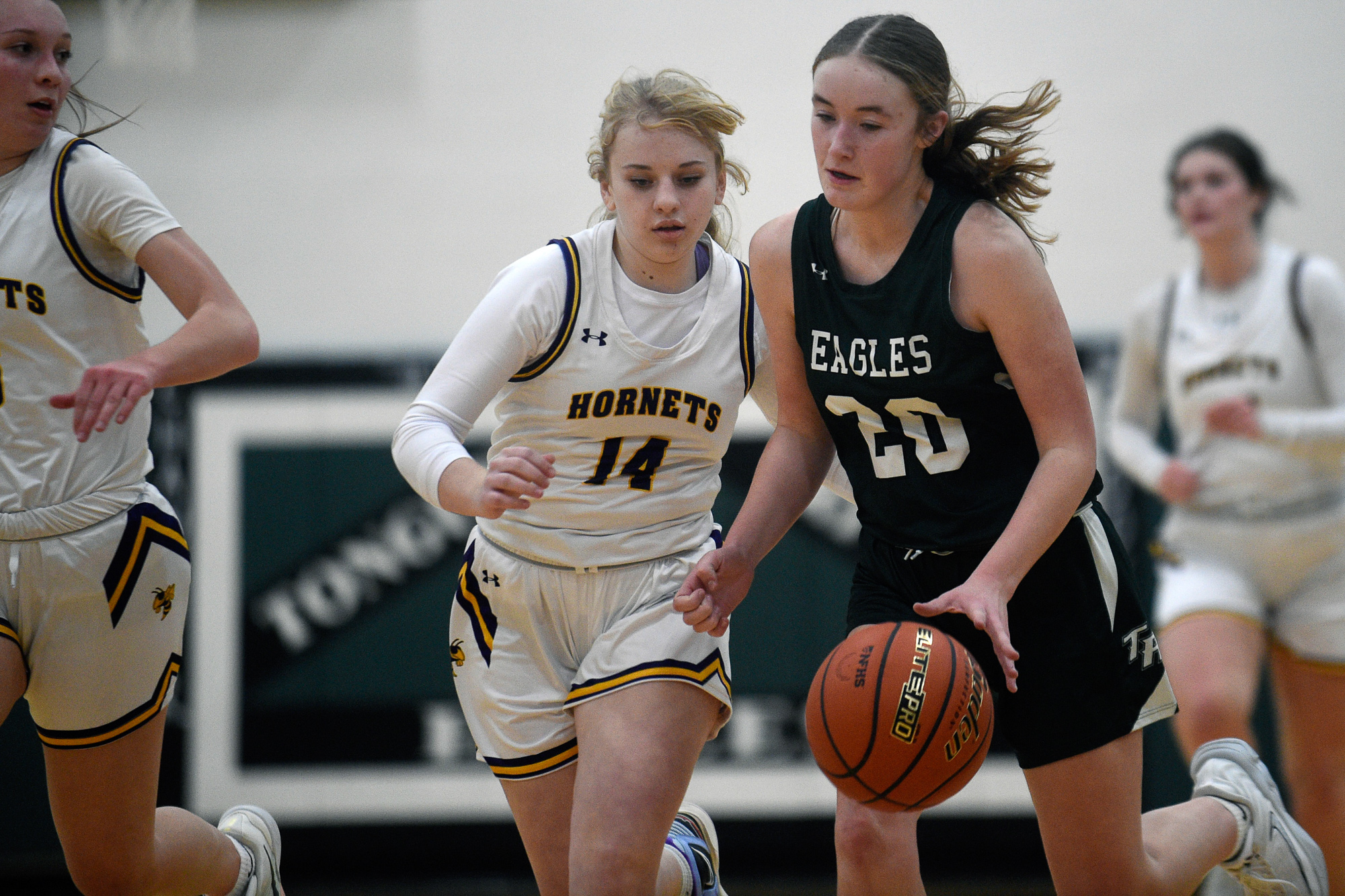 Tongue River Lady Eagles' Payton McRann and a Pine Bluff Lady Hornet crash into each other during their game.